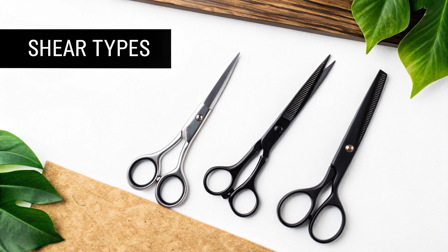 A flat lay shows three types of grooming shears: regular, texturizing, and thinning scissors.
