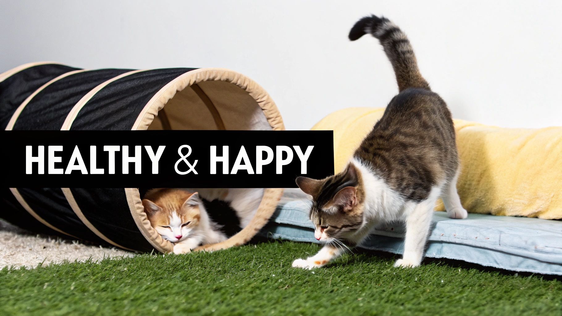 Two cats, one sleeping in a tunnel and another playing on artificial grass, with 'HEALTHY & HAPPY' text.