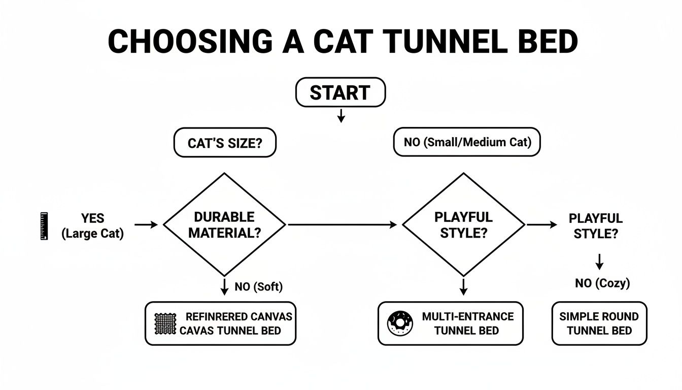 A flowchart titled 'Choosing a Cat Tunnel Bed' guiding pet owners through selection based on cat size and style preferences.