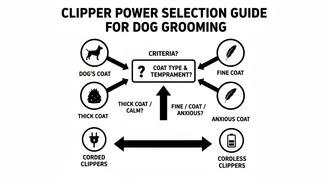 Flowchart guide for selecting dog grooming clippers based on coat type, temperament, and power source.