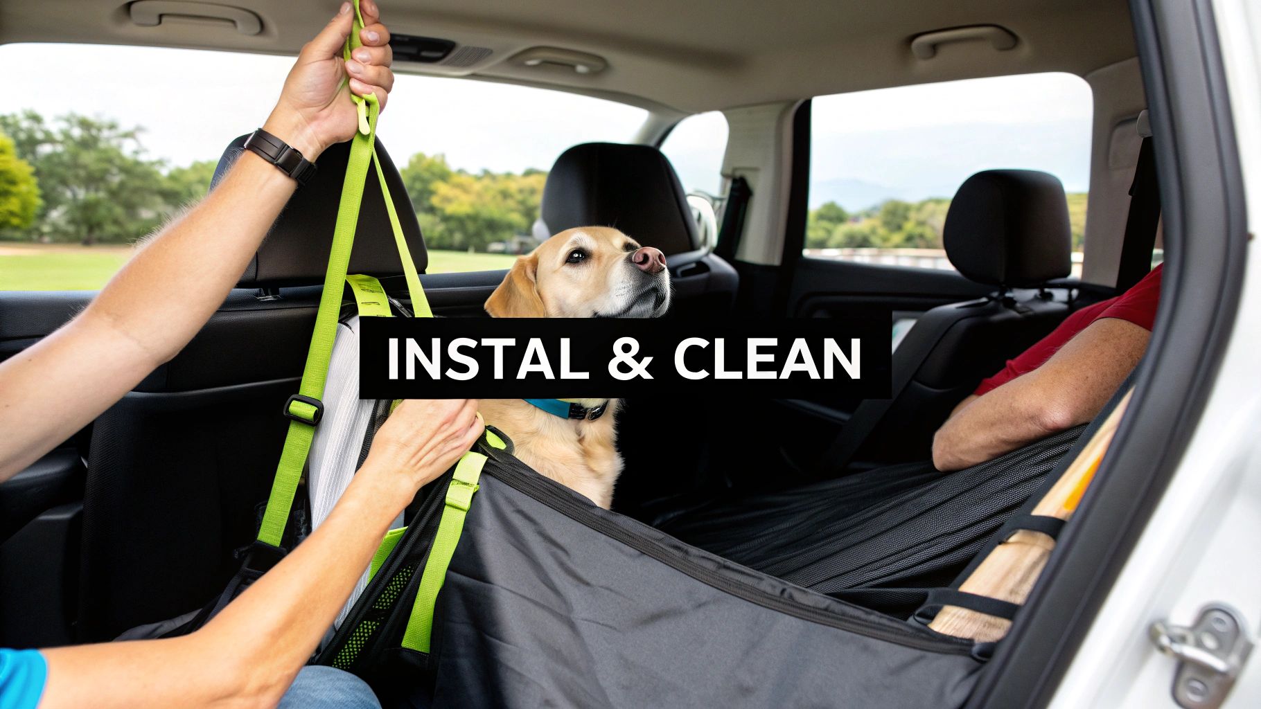 Hands installing a gray dog car hammock in the backseat of a car, a yellow lab watching.