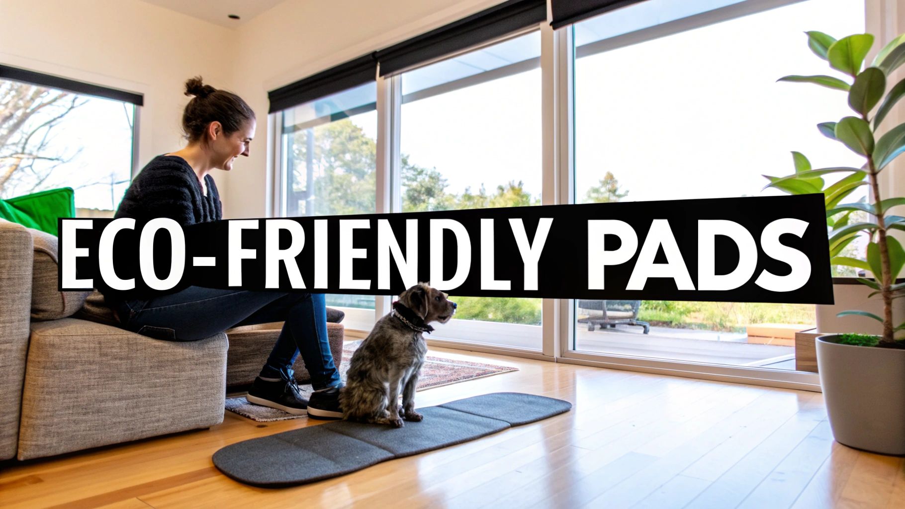 A happy dog resting on a clean, patterned washable pee pad indoors.