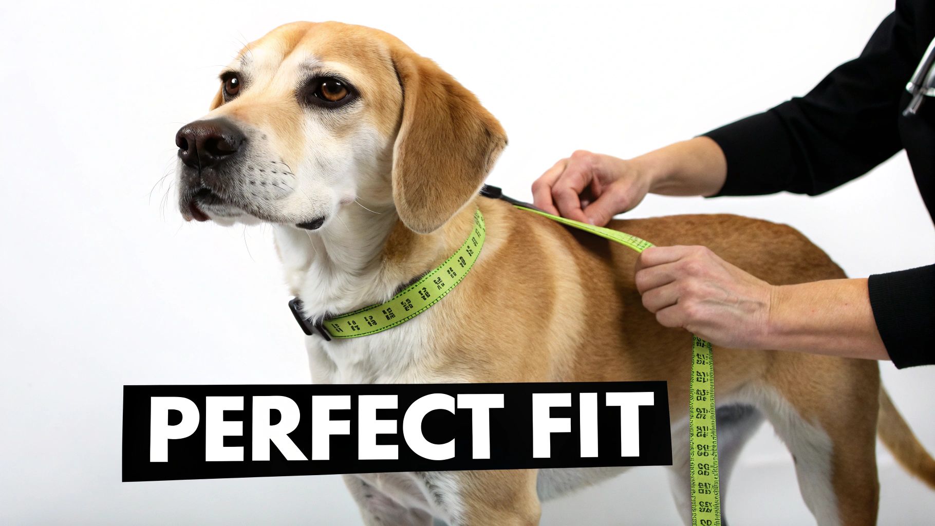 A cute dog with a measuring tape collar gets its girth measured by hands for the perfect fit.