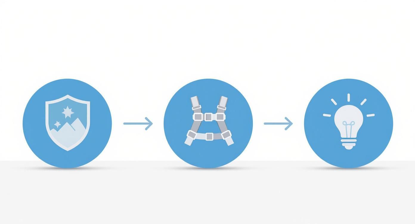 Infographic showing the process of selecting a harness based on durability, adjustability, and safety features.
