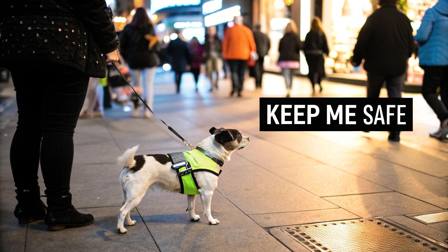 A small dog wearing a bright orange safety vest while walking in a park.