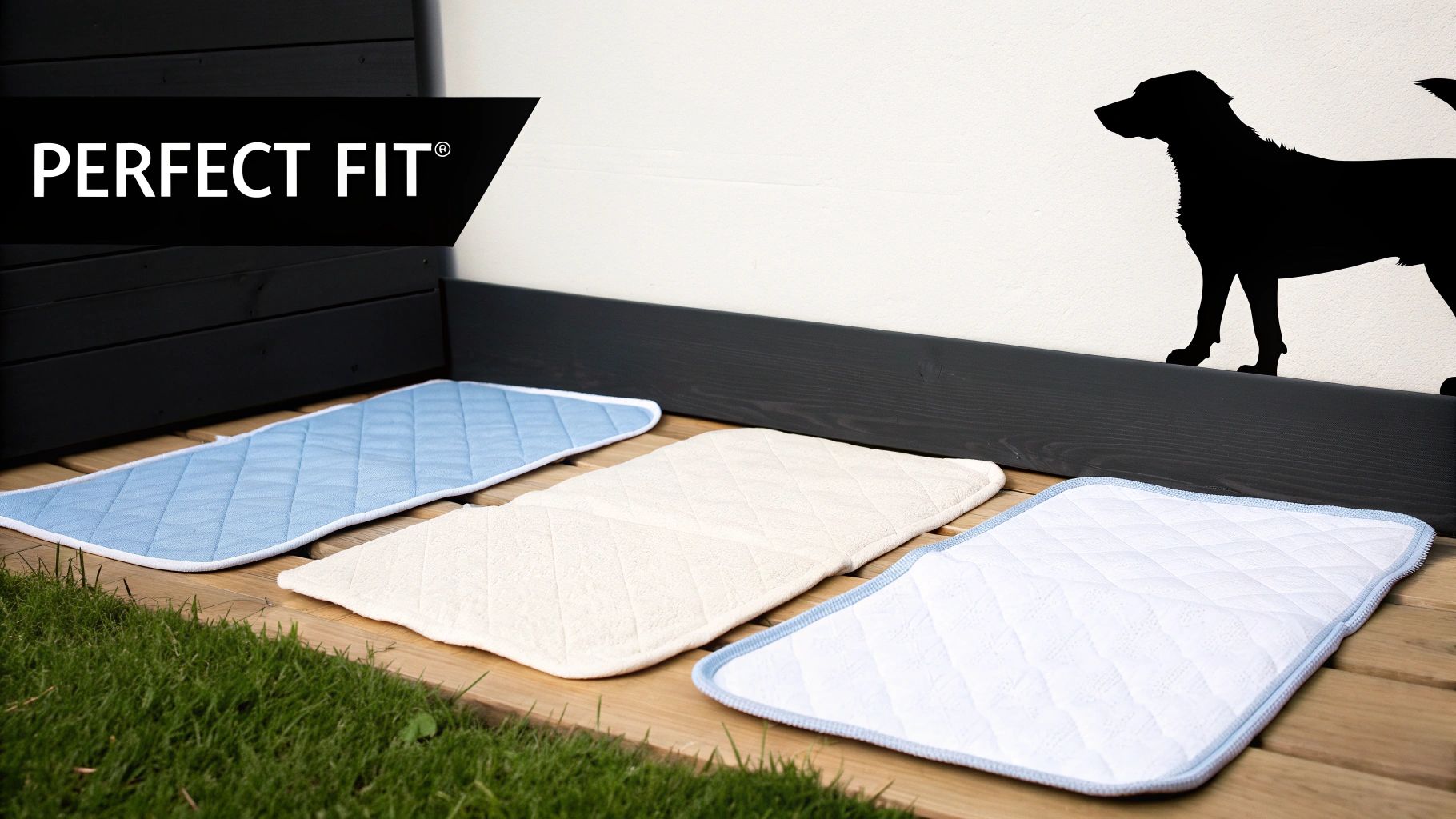 A small dog standing on a large washable dog pee pad in a living room