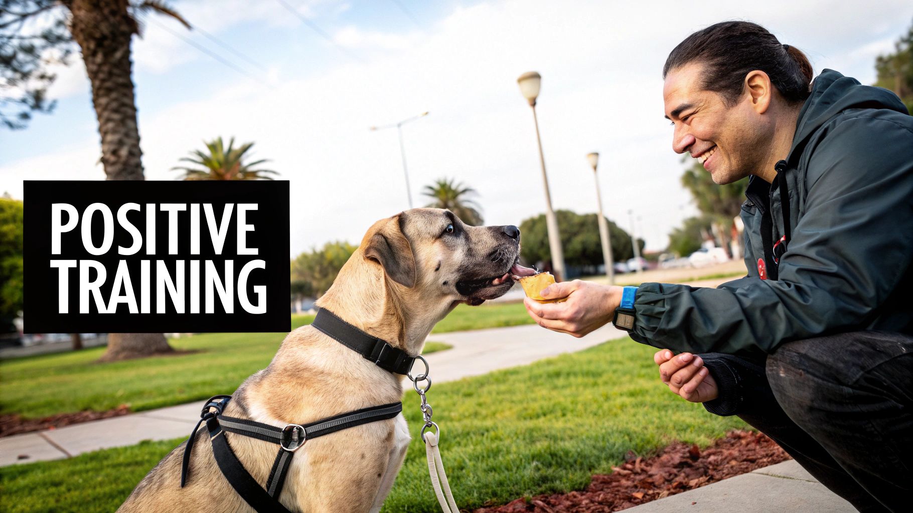 A man smiles while giving a treat to a large dog wearing a harness, with "POSITIVE TRAINING" text.