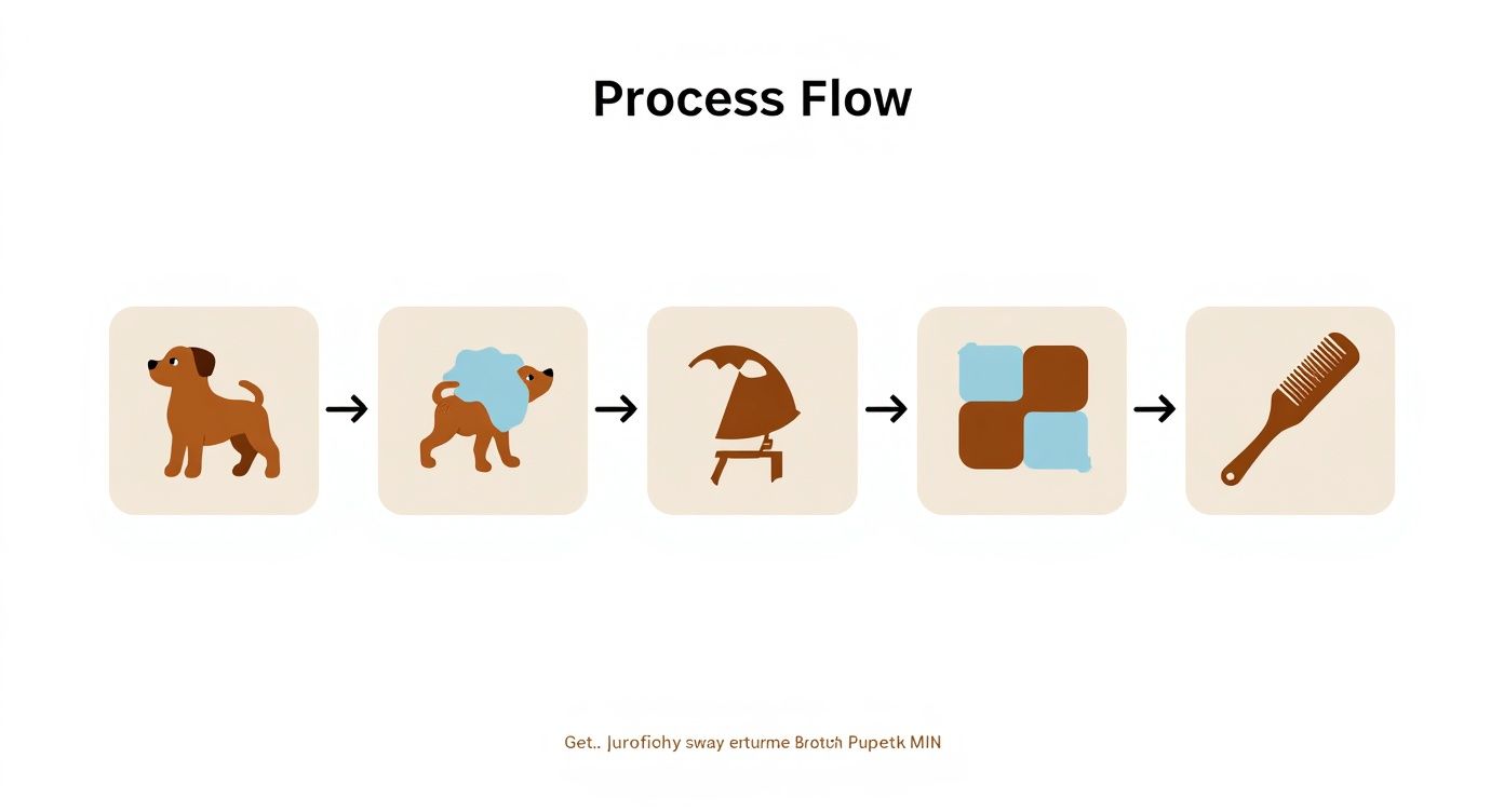 Dog grooming process flow diagram showing steps from bathing to brushing with illustrated icons