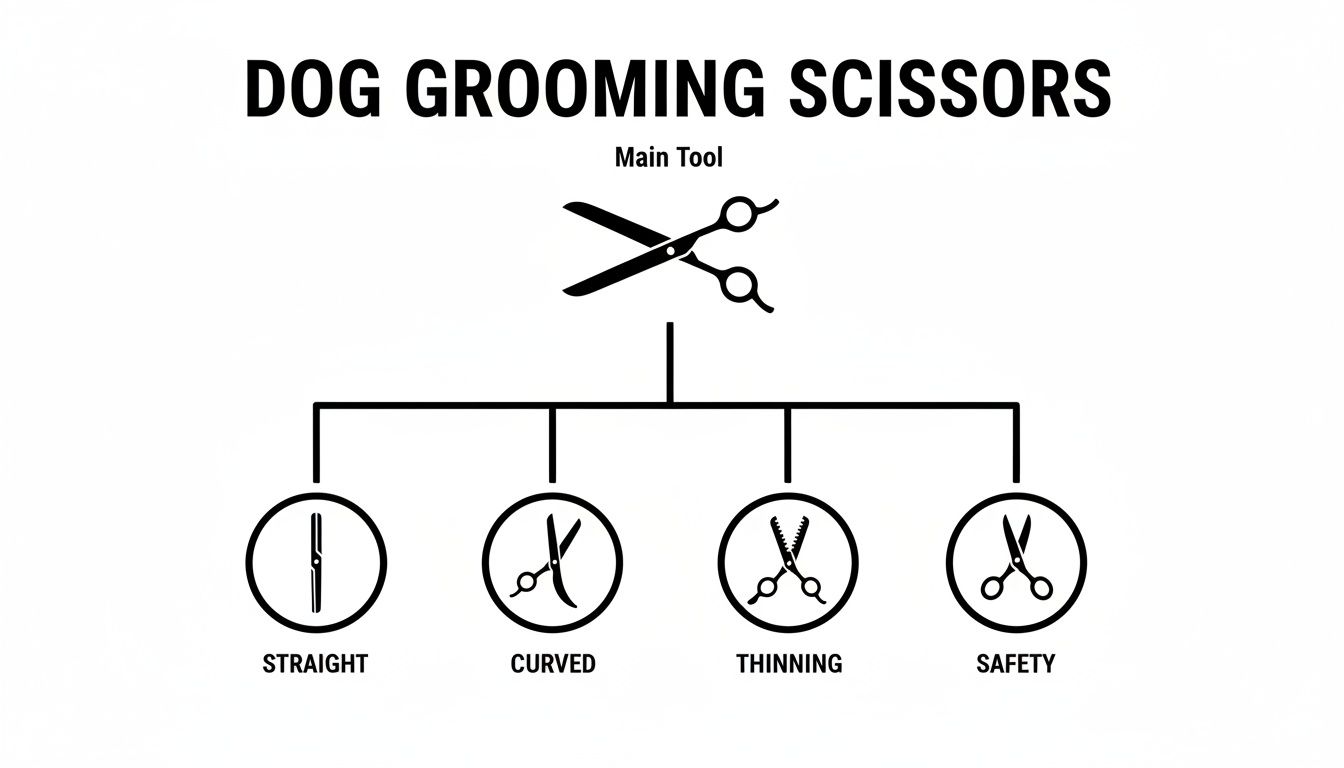 A diagram illustrating different types of dog grooming scissors: straight, curved, thinning, and safety.