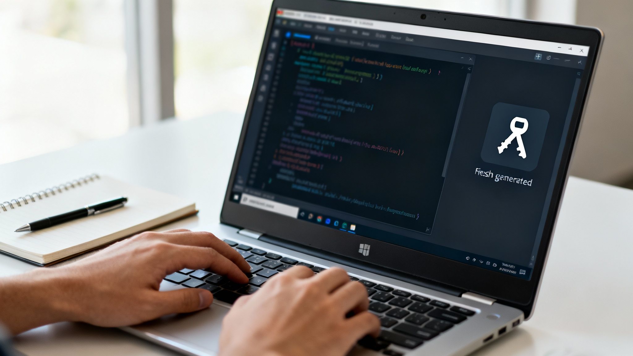 Hände tippen auf Laptop mit Code und 'Fresh generated' Schlüssel-Symbol auf dem Bildschirm neben einem Notizbuch und Stift.