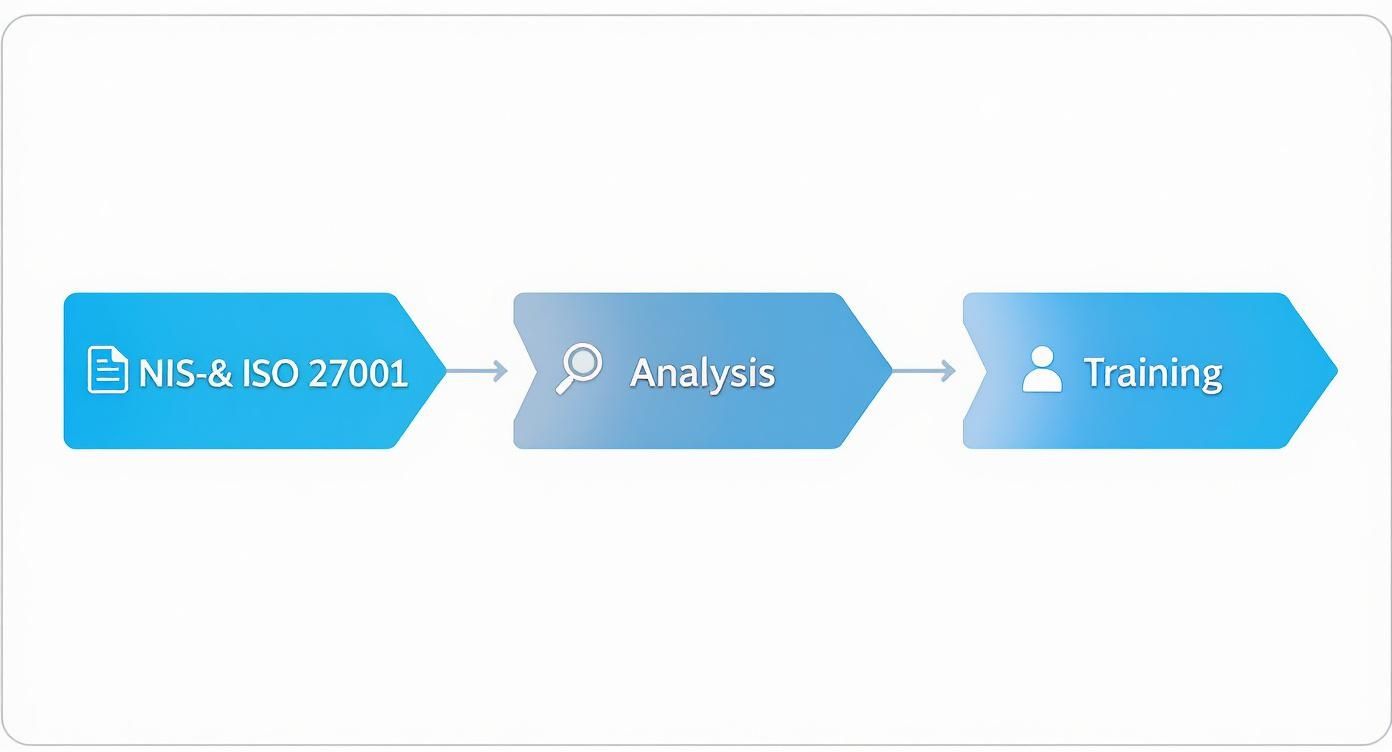 Infografik, die den Prozess von den Regelwerken NIS-2 & ISO 27001 über die Analyse zur Implementierung von Trainings zeigt.