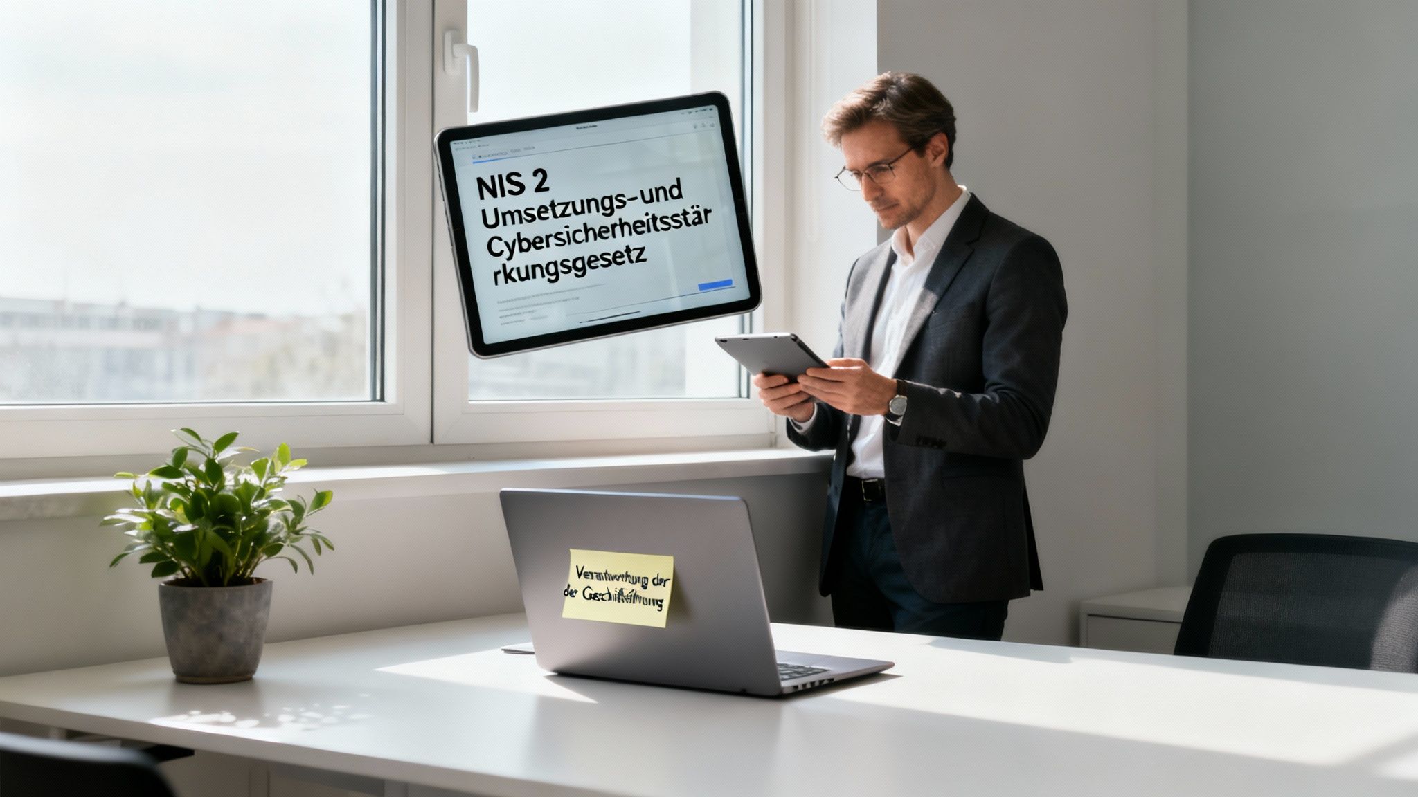Mann im Büro prüft das NIS 2 Umsetzungs- und Cybersicherheitsstärkungsgesetz auf Tablets und Laptop.