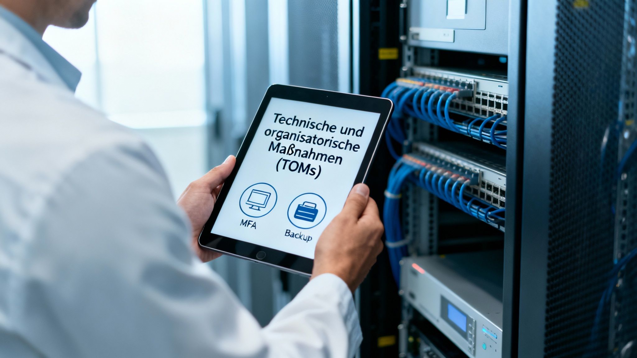 IT-Techniker hält Tablet mit Informationen zu Technischen und organisatorischen Maßnahmen (TOMs) vor einem Server-Rack.