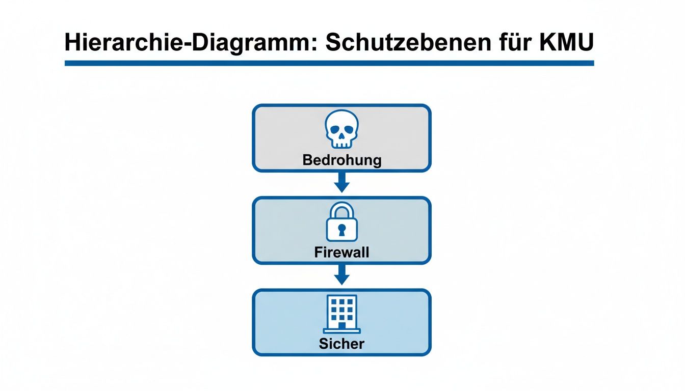 Hierarchie-Diagramm zeigt die Schutzebenen für KMU: Bedrohung, Firewall und ein sicheres Unternehmen.