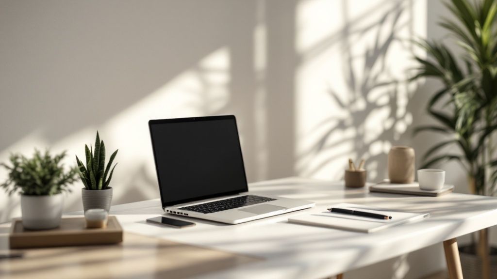 Ein aufgeräumter, moderner Schreibtisch mit Laptop und einer Pflanze, der das Clean Desk Prinzip veranschaulicht.