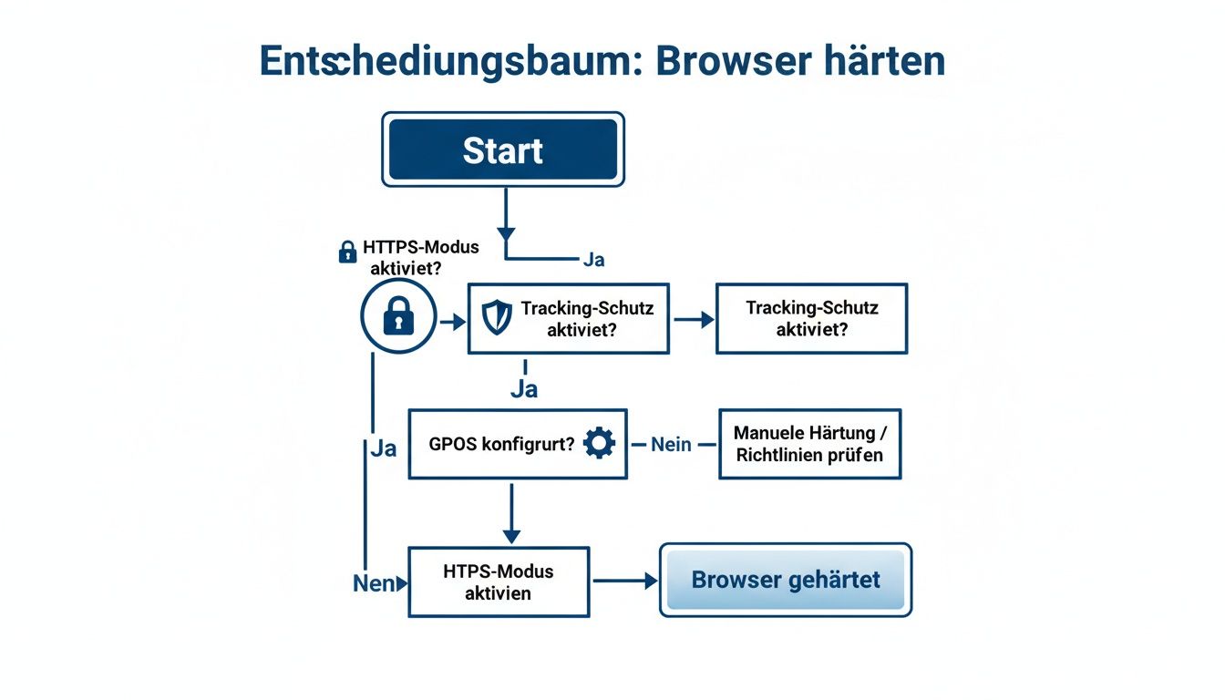 Entscheidungsbaum zur Härtung von Browsern mit Schritten zur Aktivierung von HTTPS und Tracking-Schutz.