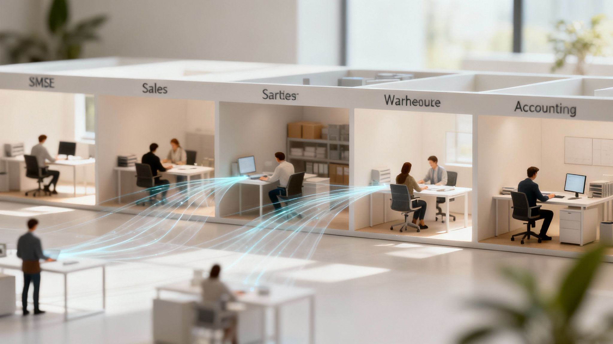Modell eines Büros mit Abteilungen wie Vertrieb und Buchhaltung, die durch digitale Datenströme verbunden sind.