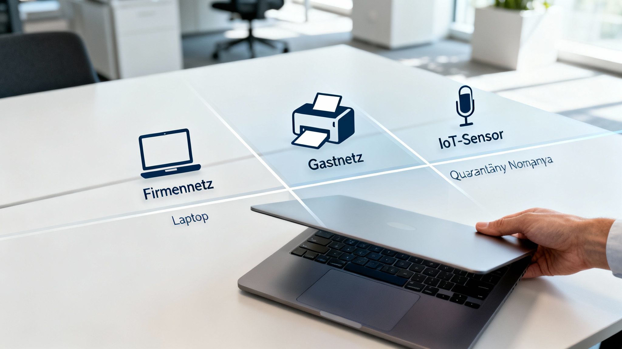 Bild zeigt verschiedene Netzwerkzugänge für Geräte wie Laptop, Drucker und IoT-Sensor auf einem Tisch in einem Büro.