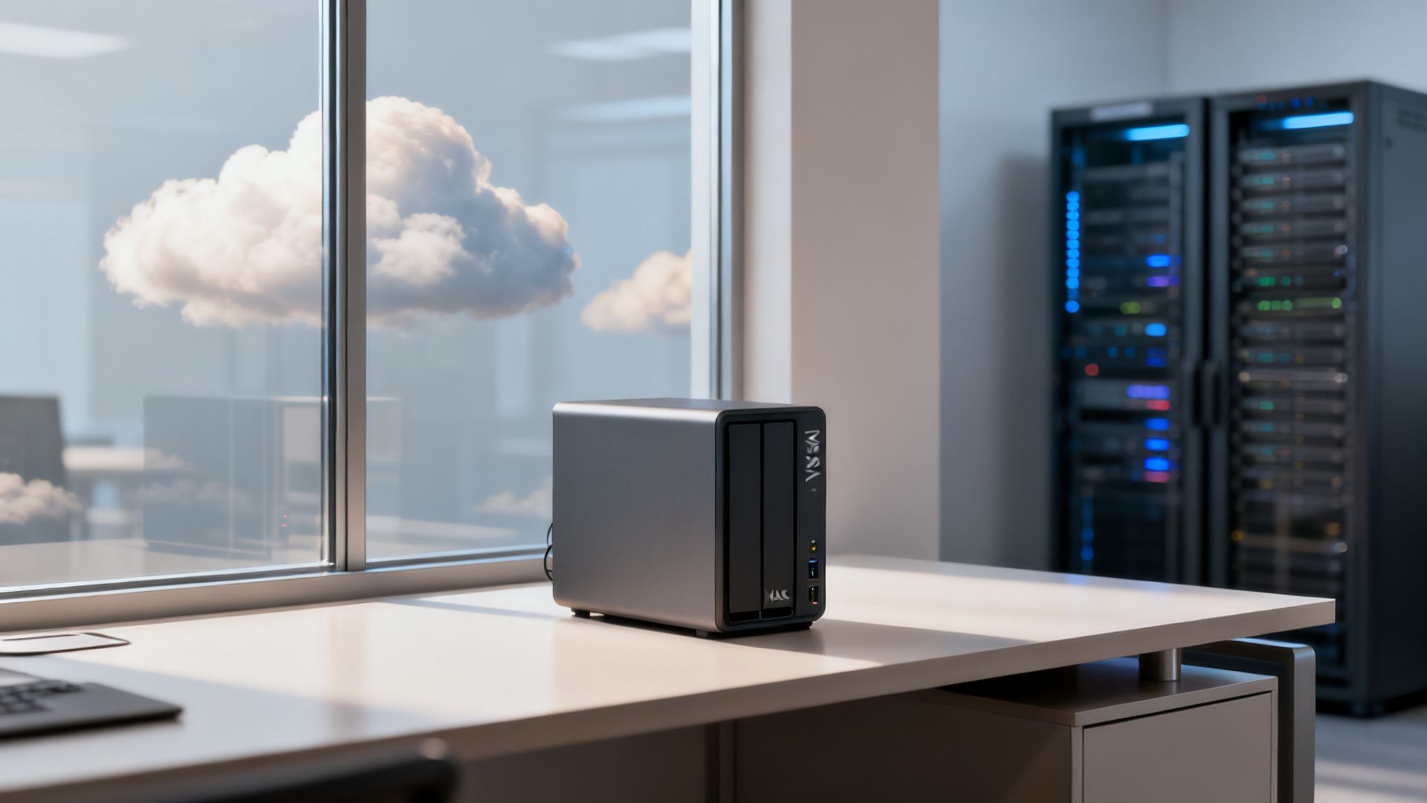 Ein NAS-Speichergerät auf einem Schreibtisch, mit Servern und Wolken, die Hybrid-Cloud-Lösungen darstellen.