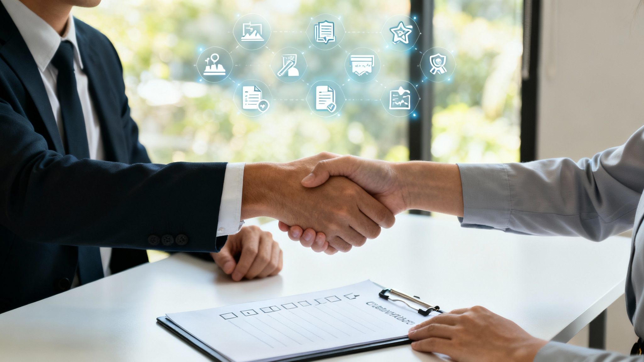 Eine Geschäftsfrau und ein IT-Berater geben sich in einem modernen Büro die Hand und besiegeln eine Partnerschaft.