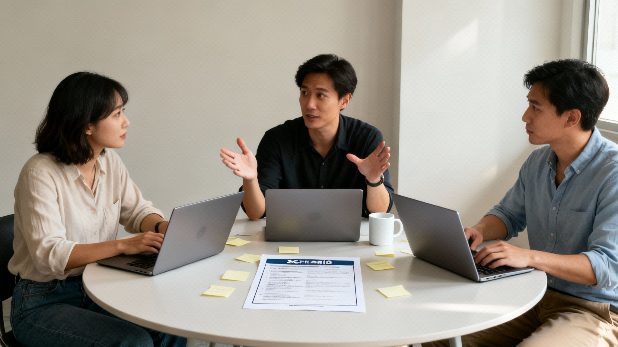 Drei Personen sitzen an einem runden Tisch, diskutieren und arbeiten an Laptops mit Notizen und Dokumenten.