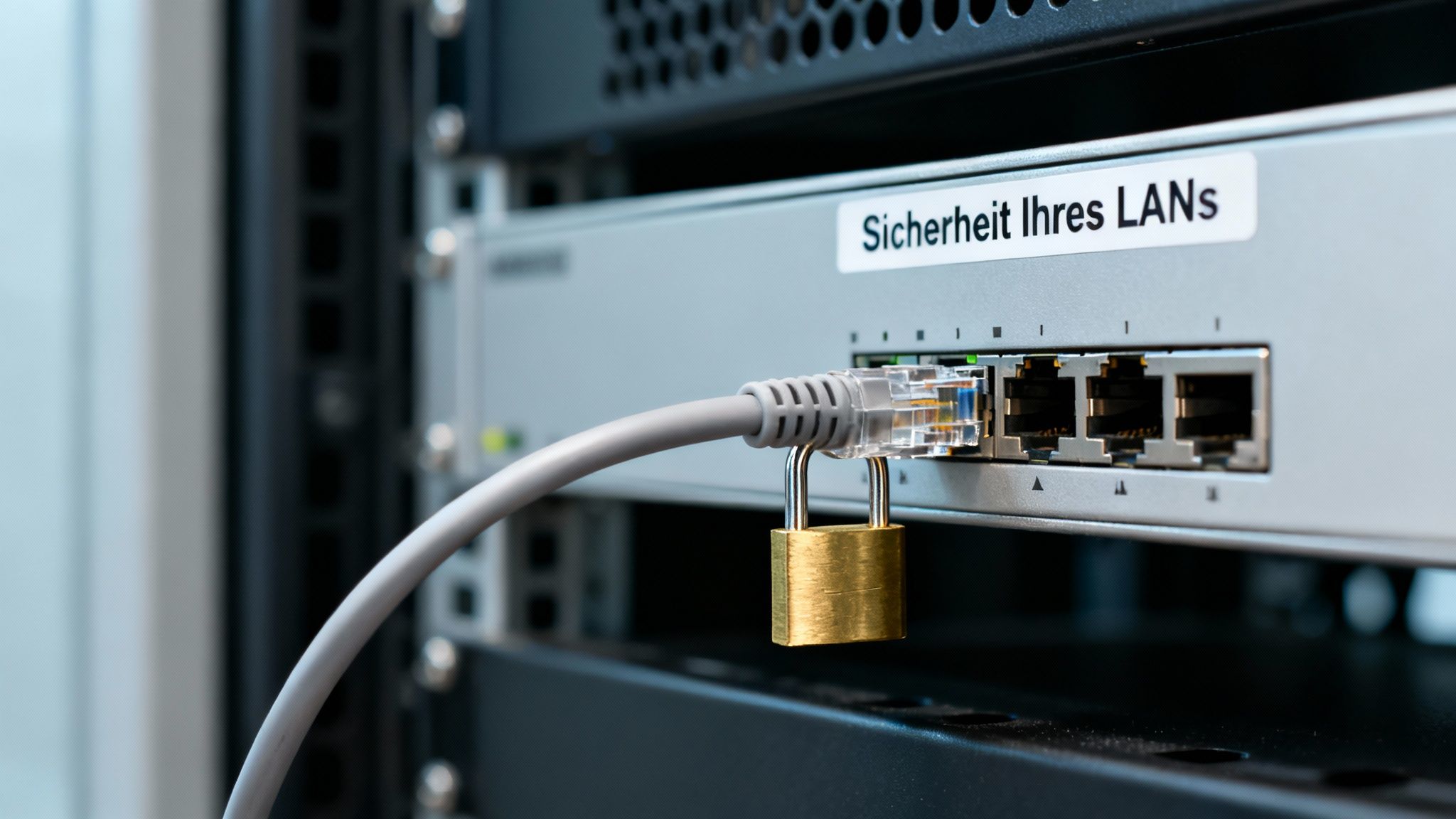 Nahaufnahme eines Netzwerkgeräts mit Ethernet-Kabel, das mit einem Vorhängeschloss gesichert ist, um die LAN-Sicherheit zu symbolisieren.