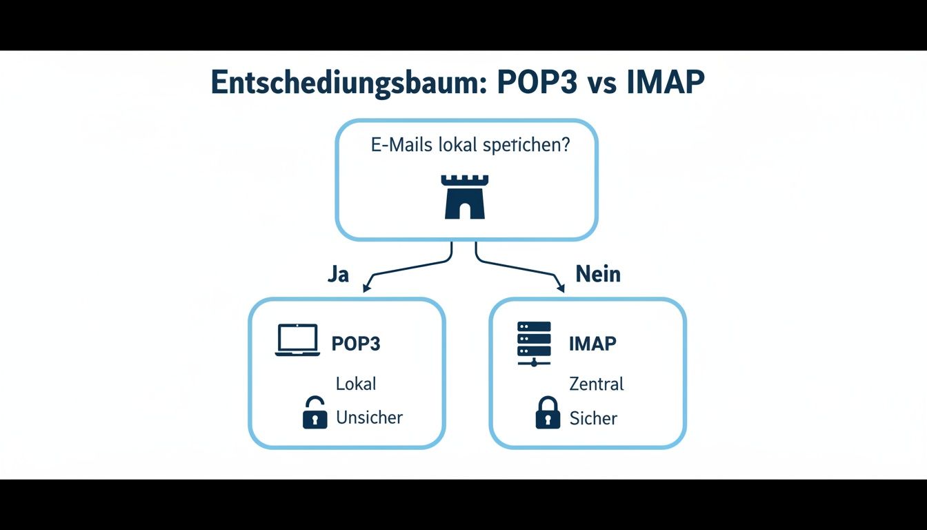 Entscheidungsbaum, der die Wahl zwischen POP3 und IMAP für die E-Mail-Speicherung anhand der lokalen Speicherung erklärt.