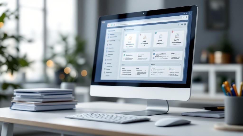 Ein modernes Büro, in dem Mitarbeiter an Laptops an einem großen Tisch zusammenarbeiten und Dokumente digital verwalten