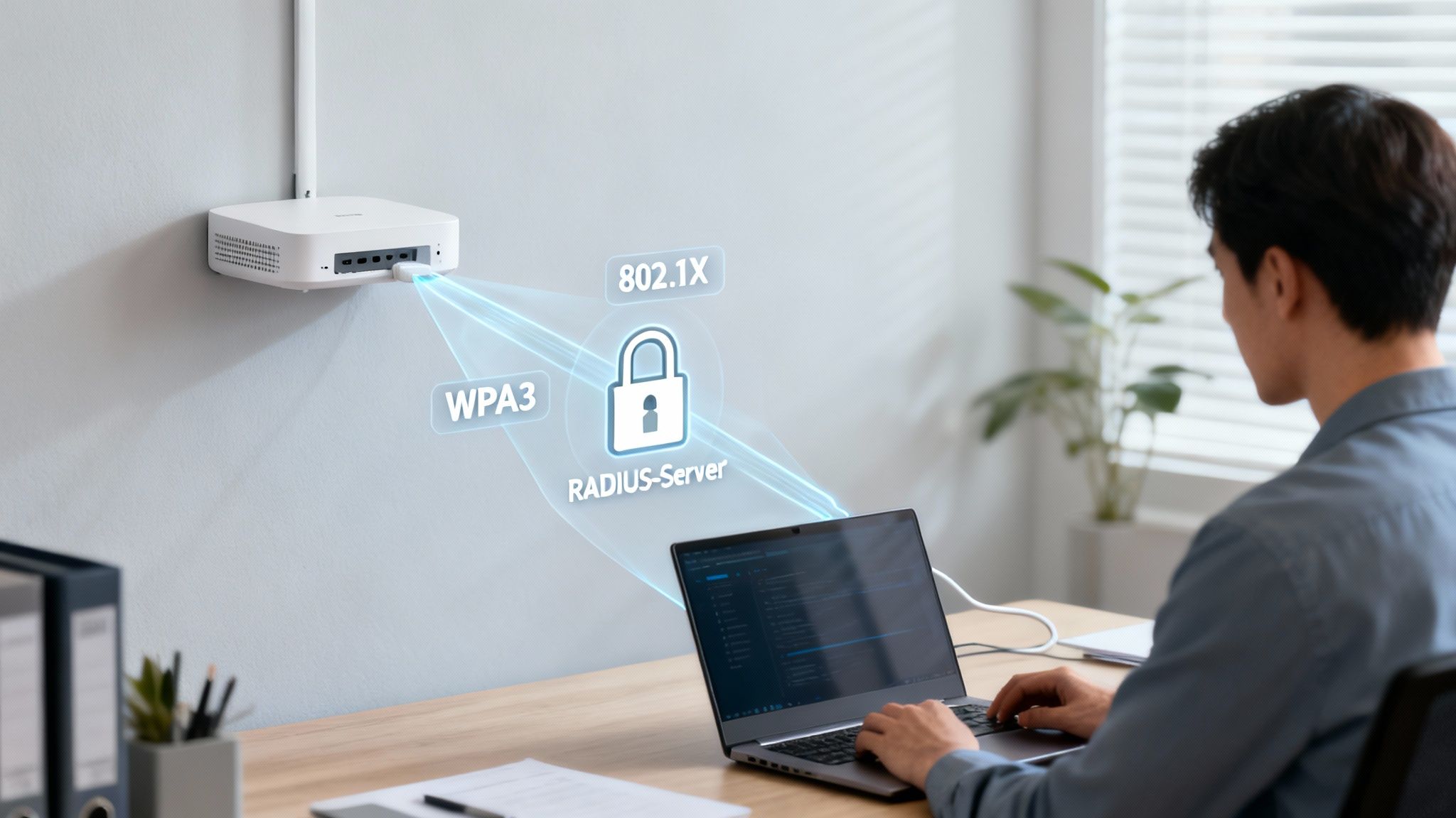 Mann nutzt Laptop, verbunden über sicheres WLAN mit WPA3, 802.1X und RADIUS-Server mit einem Wand-Router.