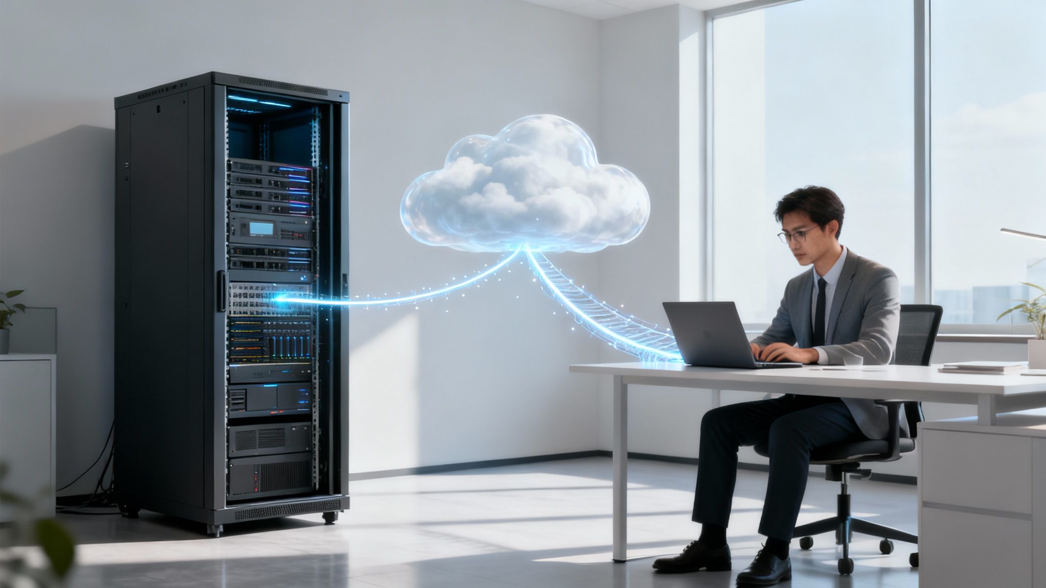 Ein Mann arbeitet am Laptop, verbunden mit einem Server-Rack und einer schwebenden Cloud in einem Büro.