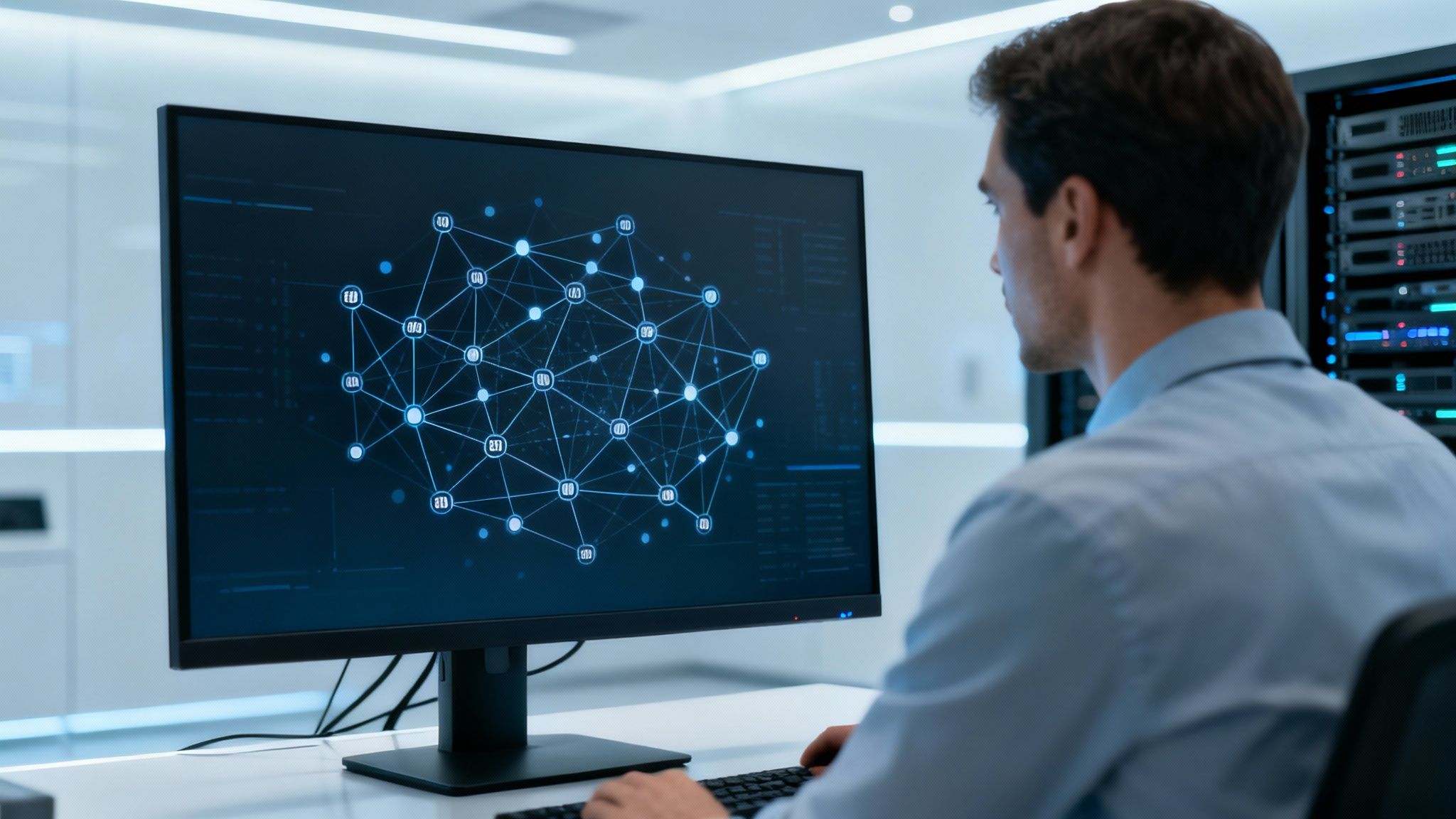 Mann in einem Serverraum betrachtet einen Bildschirm mit einem komplexen Netzwerkdiagramm und Daten.