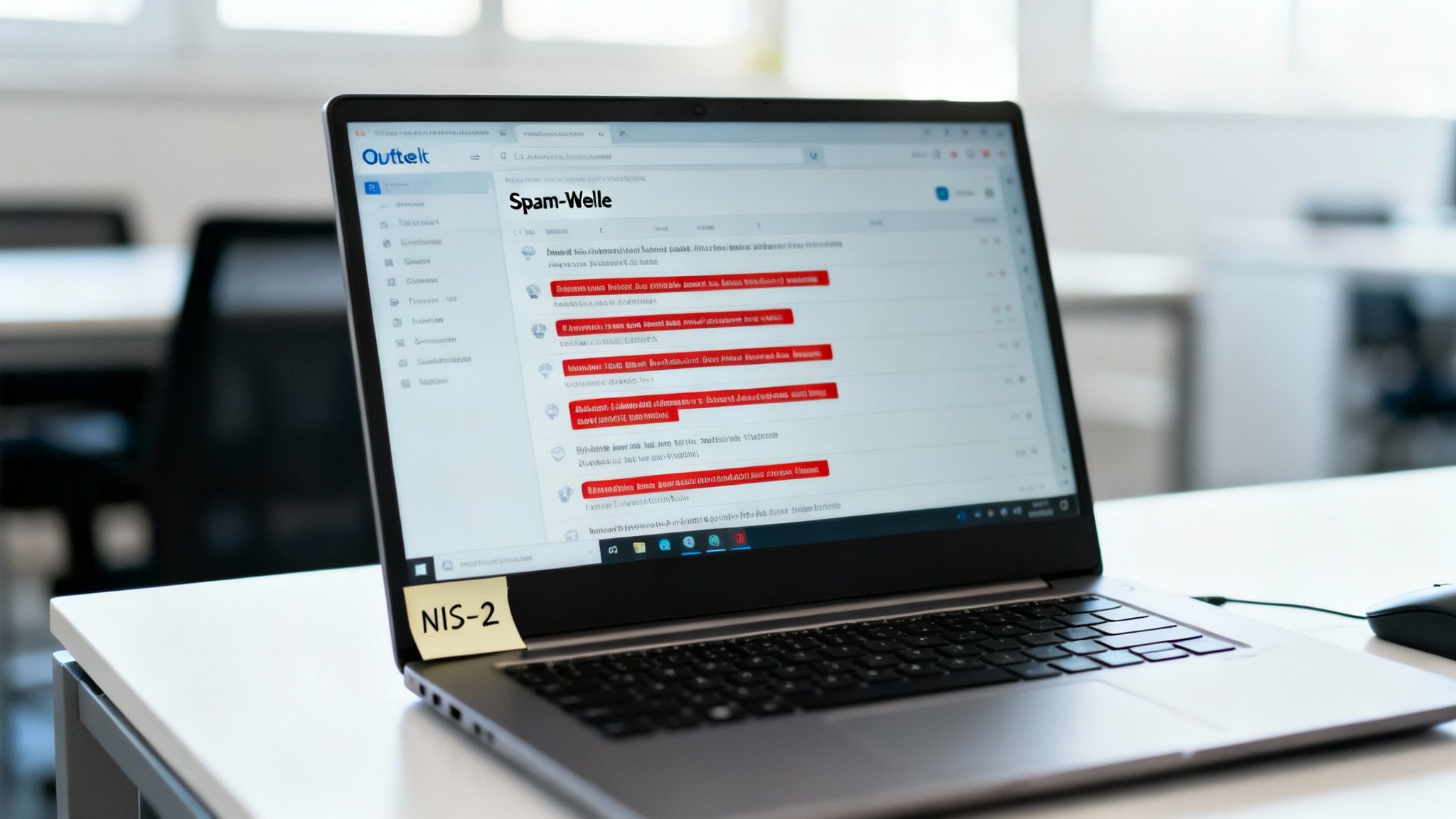 Laptop zeigt das Outfellt E-Mail-Programm mit geöffnetem Spam-Ordner und mehreren roten Spam-E-Mails. Eine NIS-2 Notiz ist am Bildschirm.