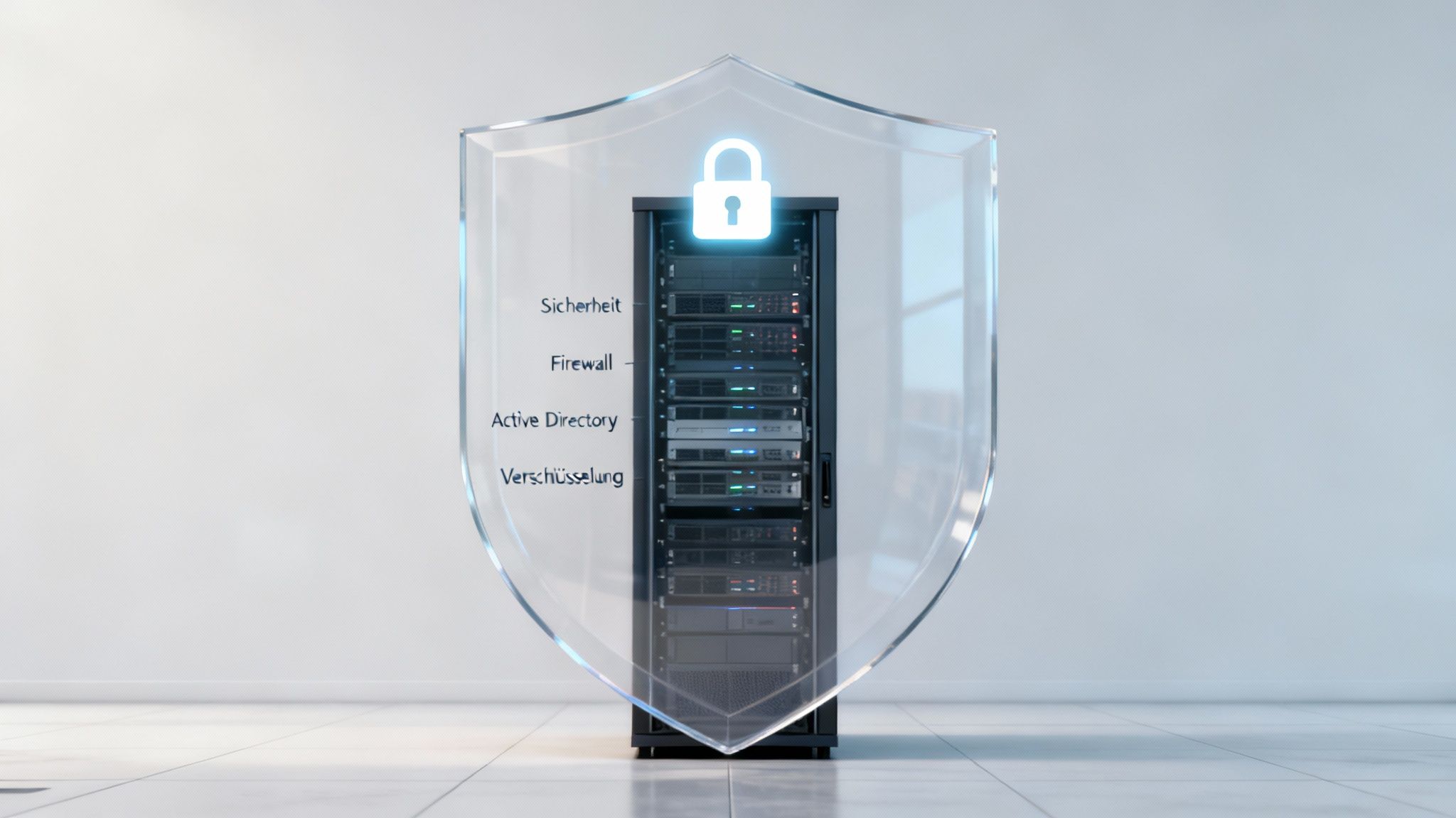 Server-Rack hinter transparentem Schutzschild mit Vorhängeschloss, das IT-Sicherheitselemente wie Firewall und Verschlüsselung symbolisiert.