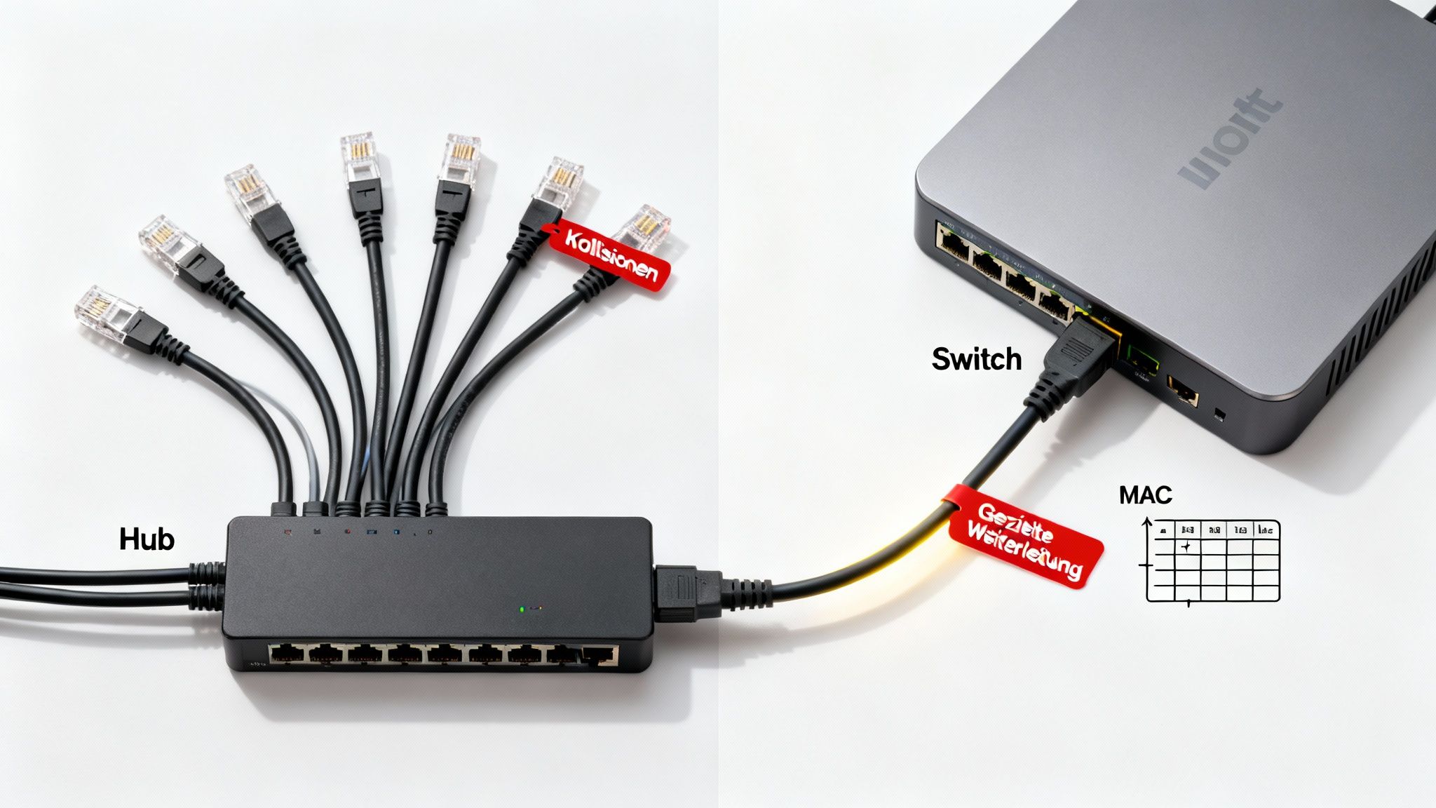 Vergleich eines Netzwerk-Hubs, der Kollisionen verursacht, mit einem Switch, der Daten gezielt weiterleitet, basierend auf MAC-Adressen.