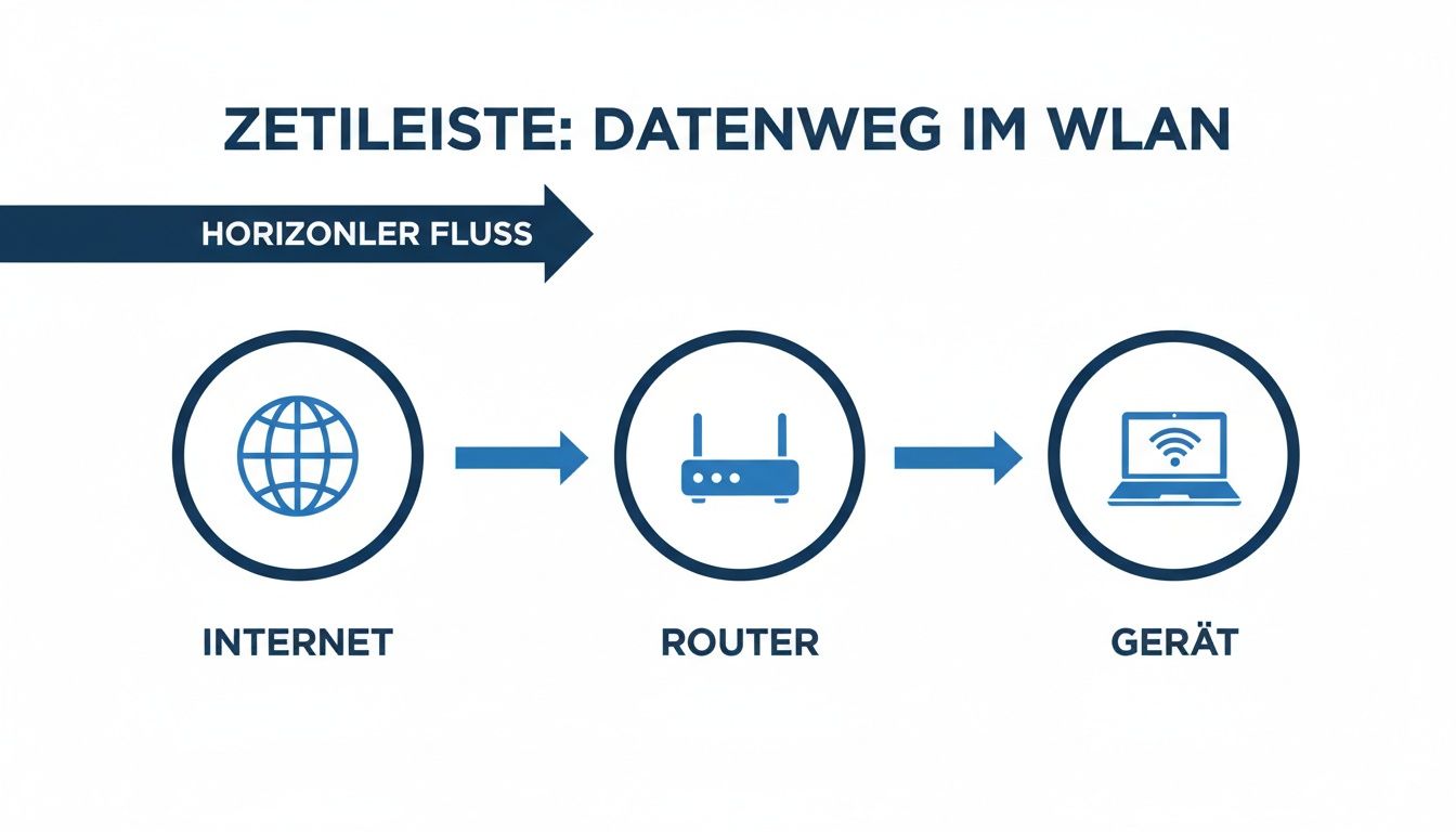 Diagramm zeigt den horizontalen Datenweg im WLAN: Daten fließen vom Internet über den Router zum Endgerät.