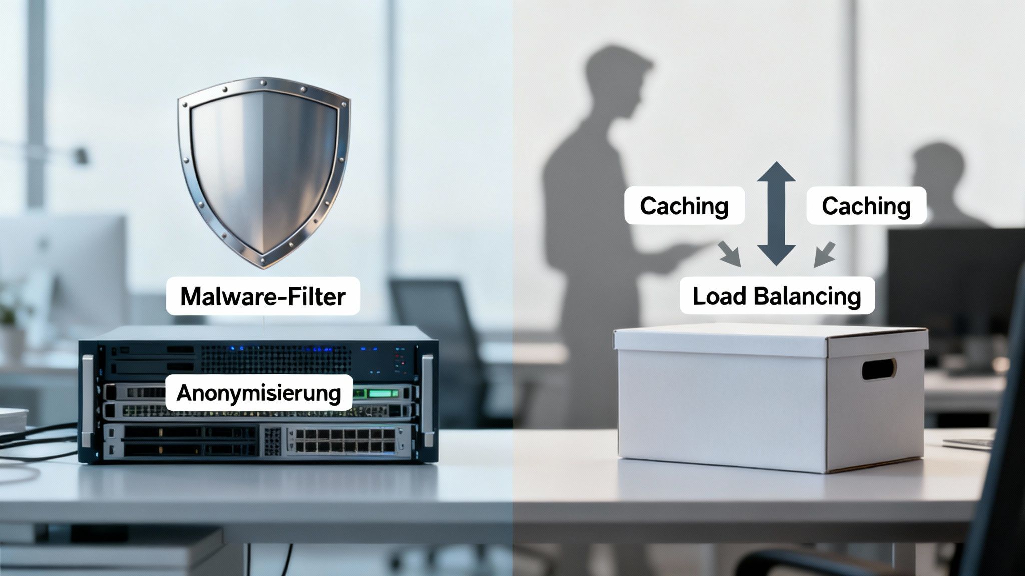 Server mit Malware-Filter und Anonymisierung, daneben Caching und Lastausgleich im Büro.
