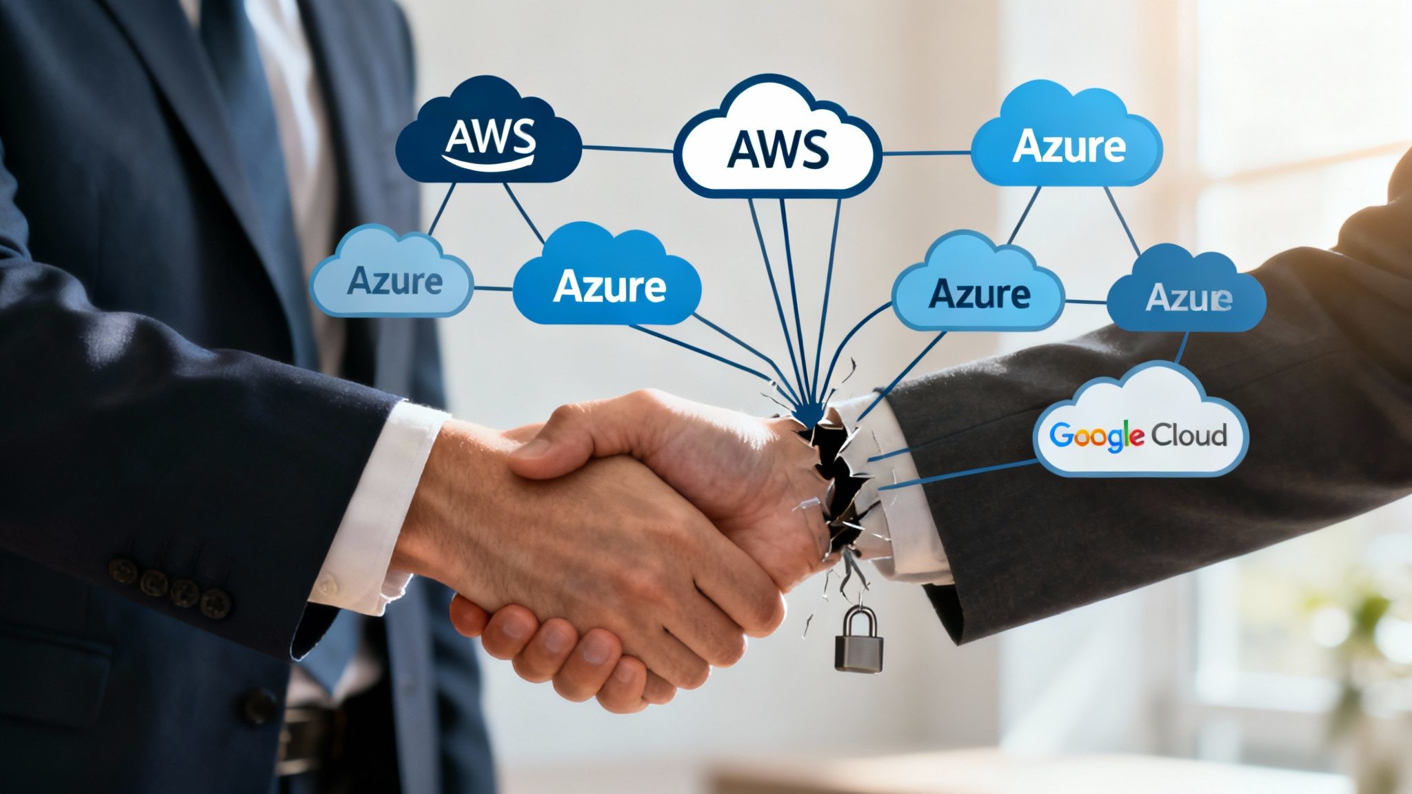 Ein Bild, das symbolisch eine Kette zerreißt, die ein Unternehmen an einen einzigen Cloud-Anbieter bindet