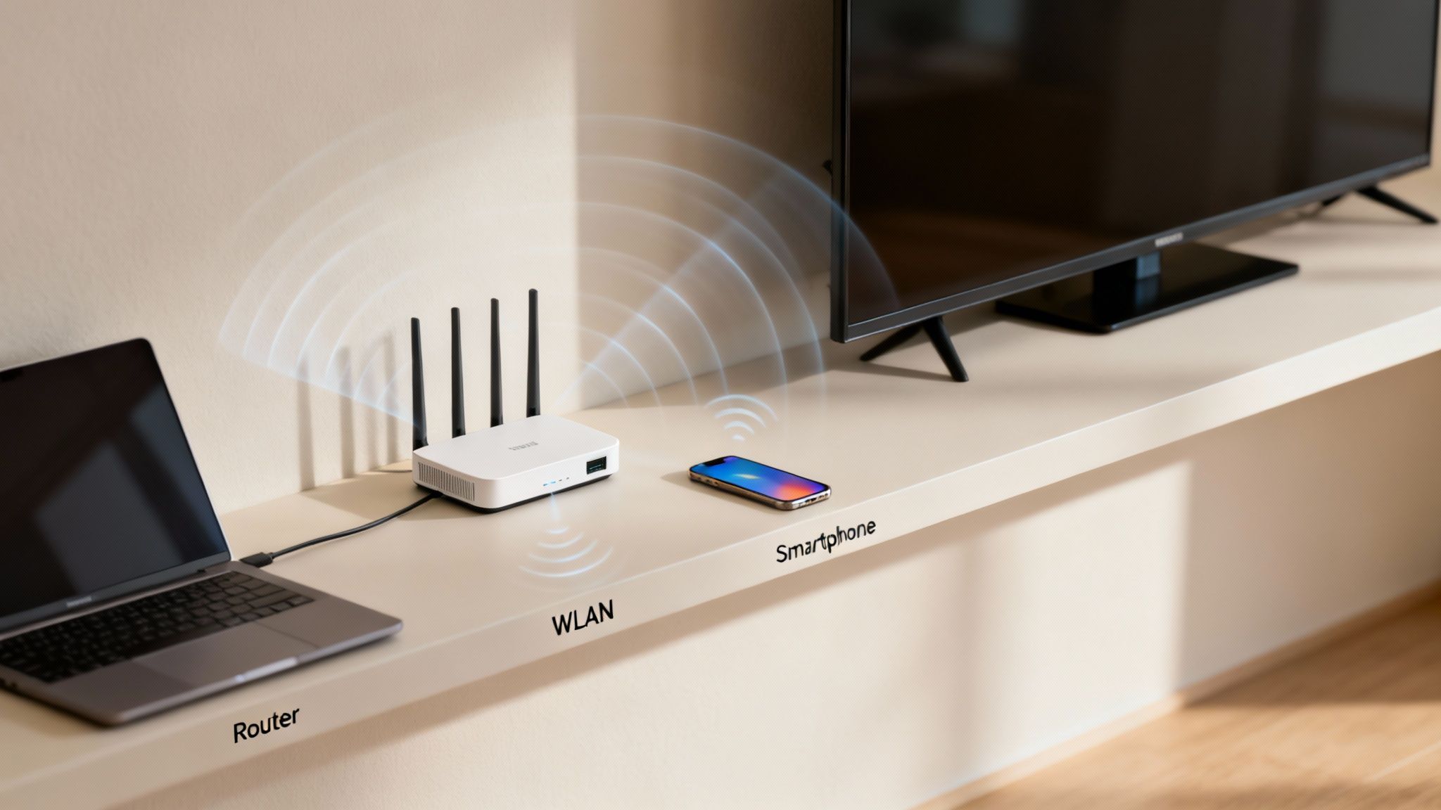 WLAN-Router sendet Funksignale an Laptop und Smartphone auf einem Regal neben einem Fernseher.