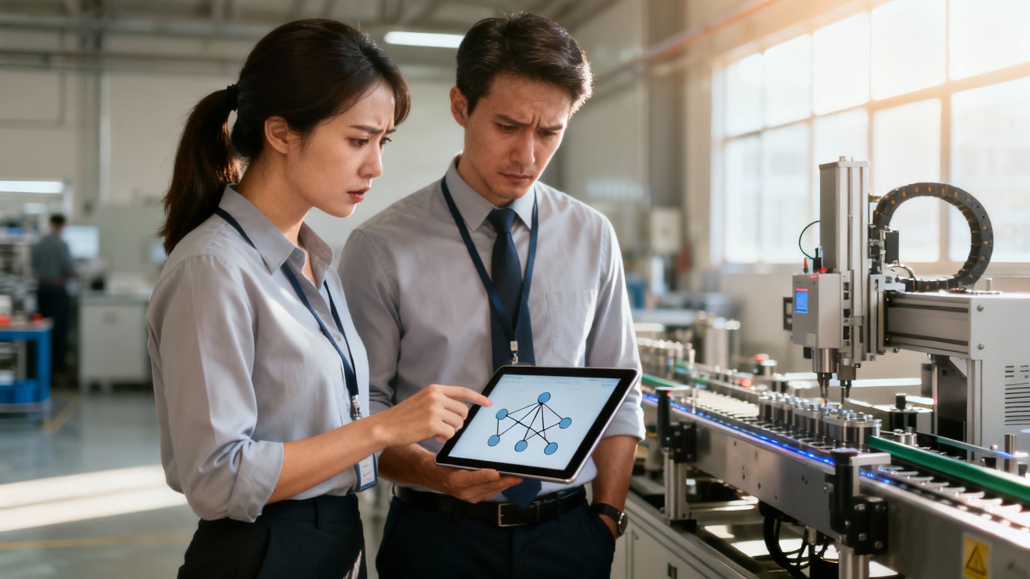 Zwei Ingenieure in einer Fabrik analysieren ein Netzwerkdiagramm auf einem Tablet neben einer Maschine.