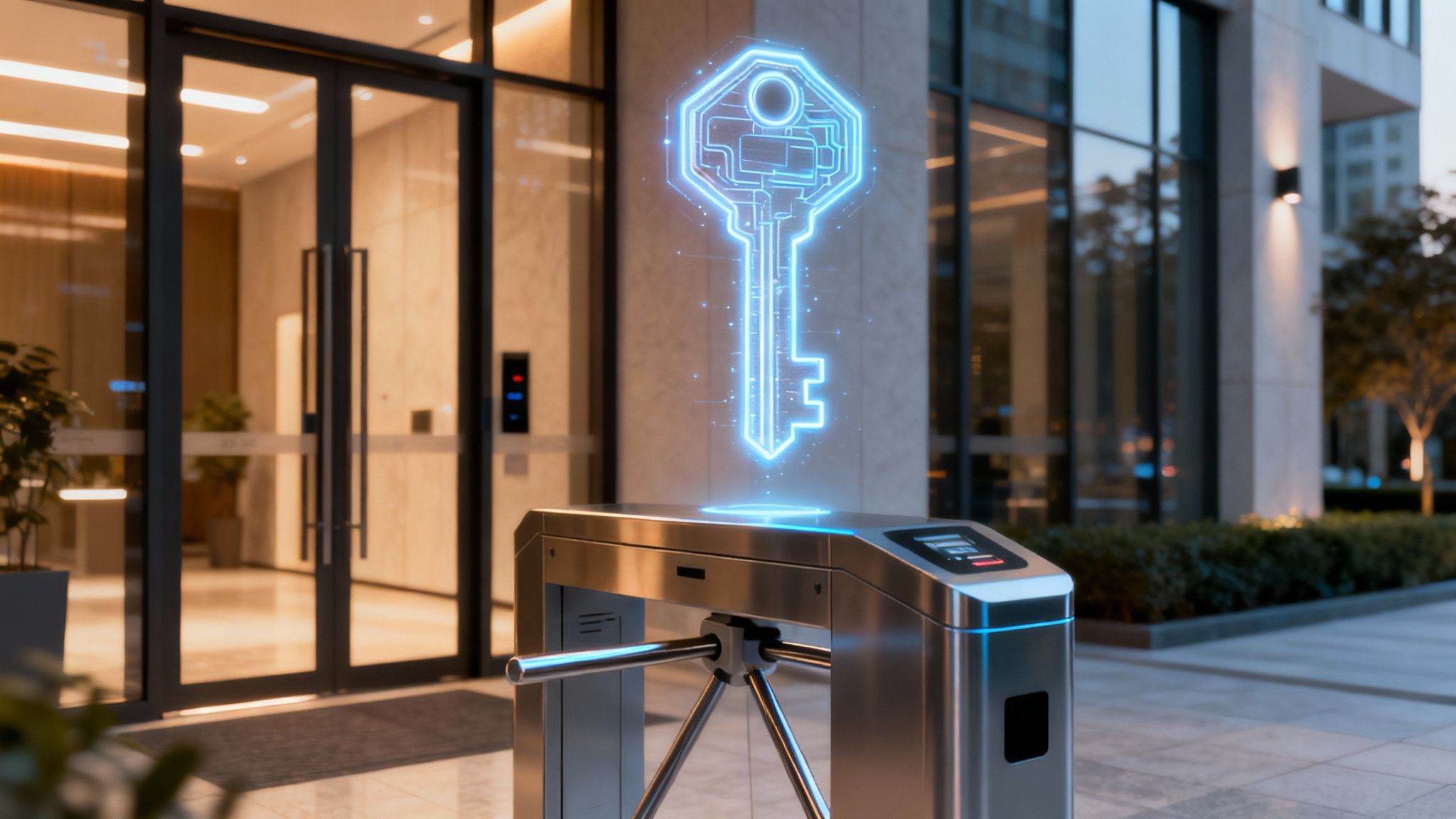 Eine Person hält einen Schlüssel vor einem Netzwerk aus verbundenen Servern und Computern, was die zentrale Kontrollfunktion eines Domain Controllers symbolisiert