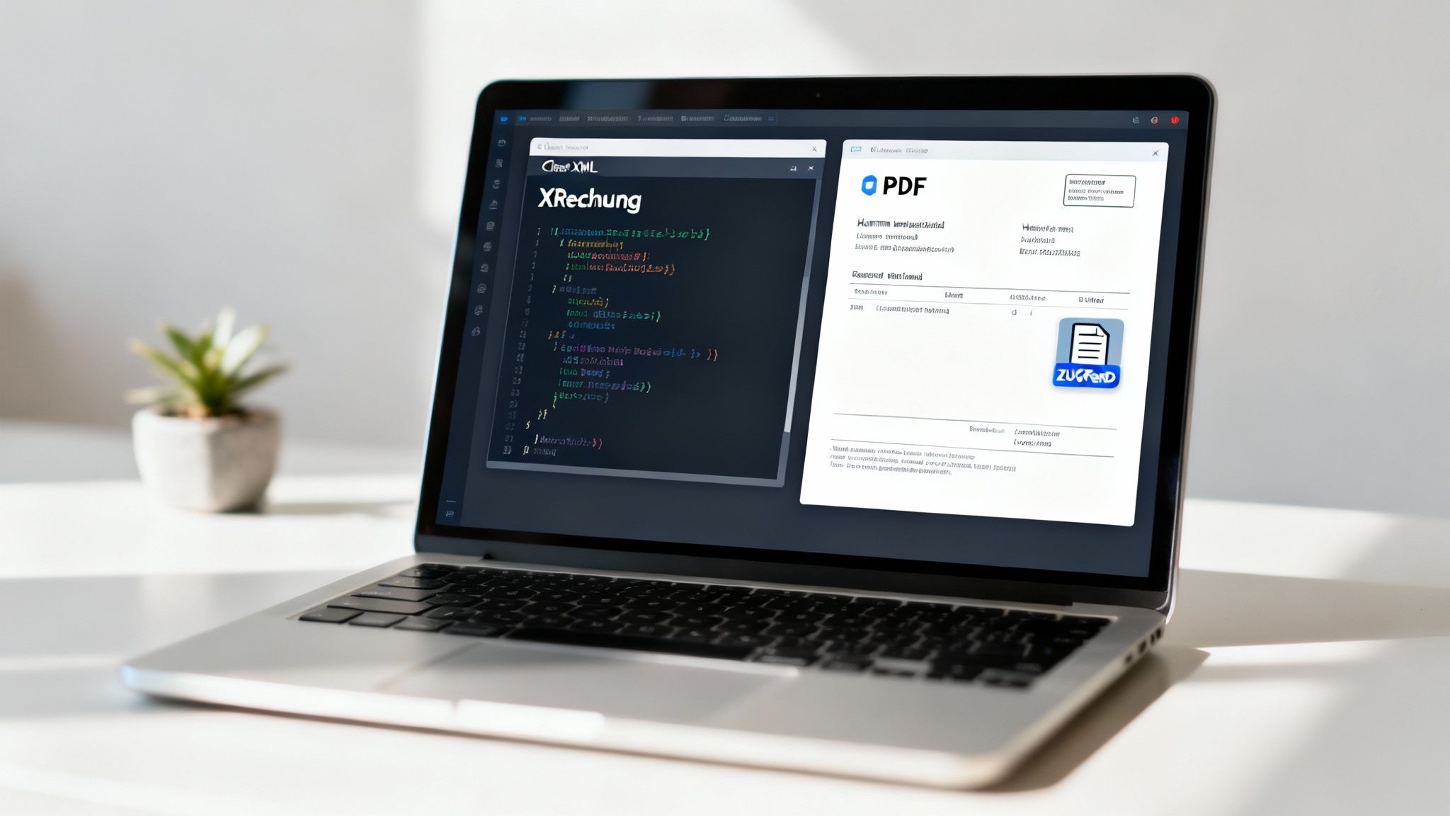 Zwei Dokumente, die die Formate XRechnung und ZUGFeRD repräsentieren, werden verglichen