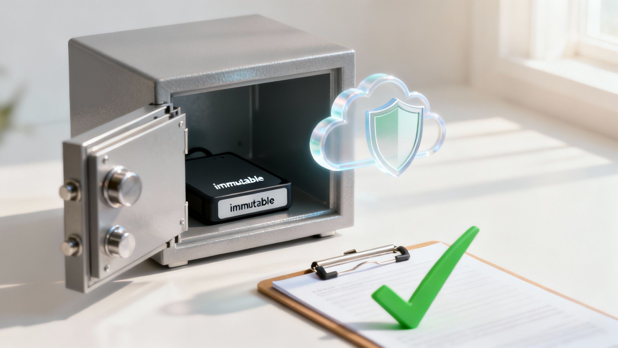 Ein symbolisches Bild eines digitalen Tresors oder Schlosses, das Daten schützt, was die Idee des Schutzes gegen Ransomware visualisiert.