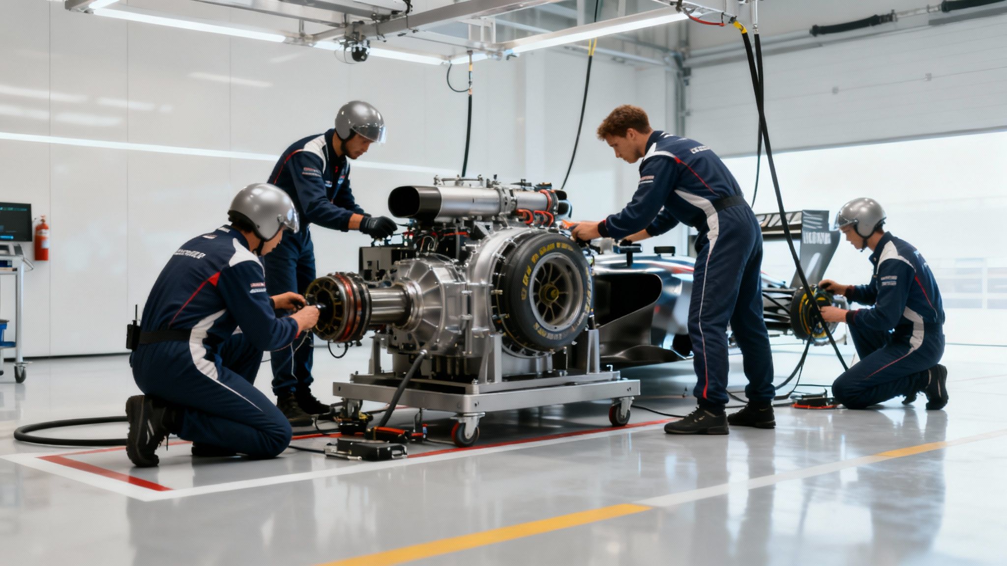 Ein Team von Ingenieuren arbeitet gemeinsam an einer Industriemaschine und symbolisiert die kollaborative Natur von TPM