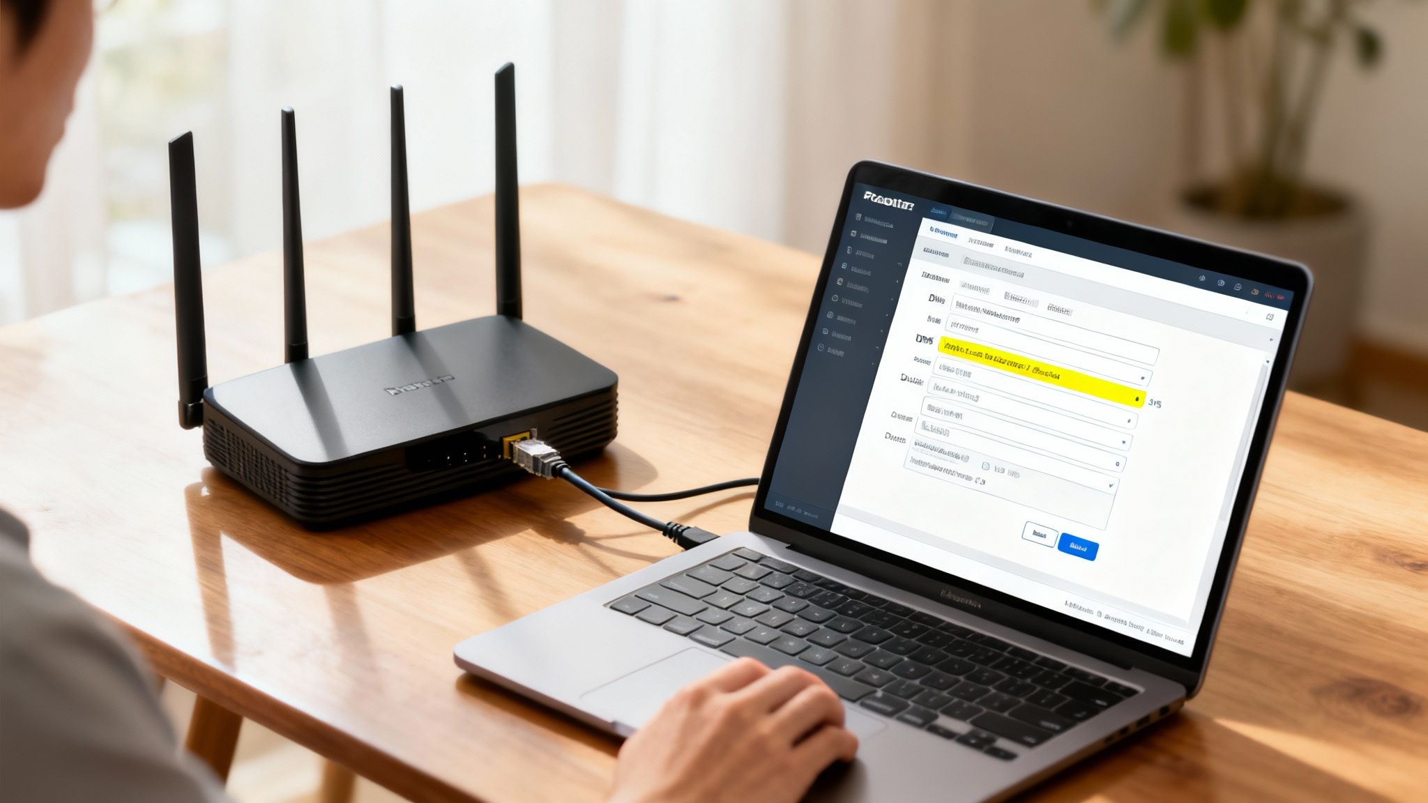 Person konfiguriert DNS-Server-Einstellungen auf Laptop, der mit WLAN-Router verbunden ist