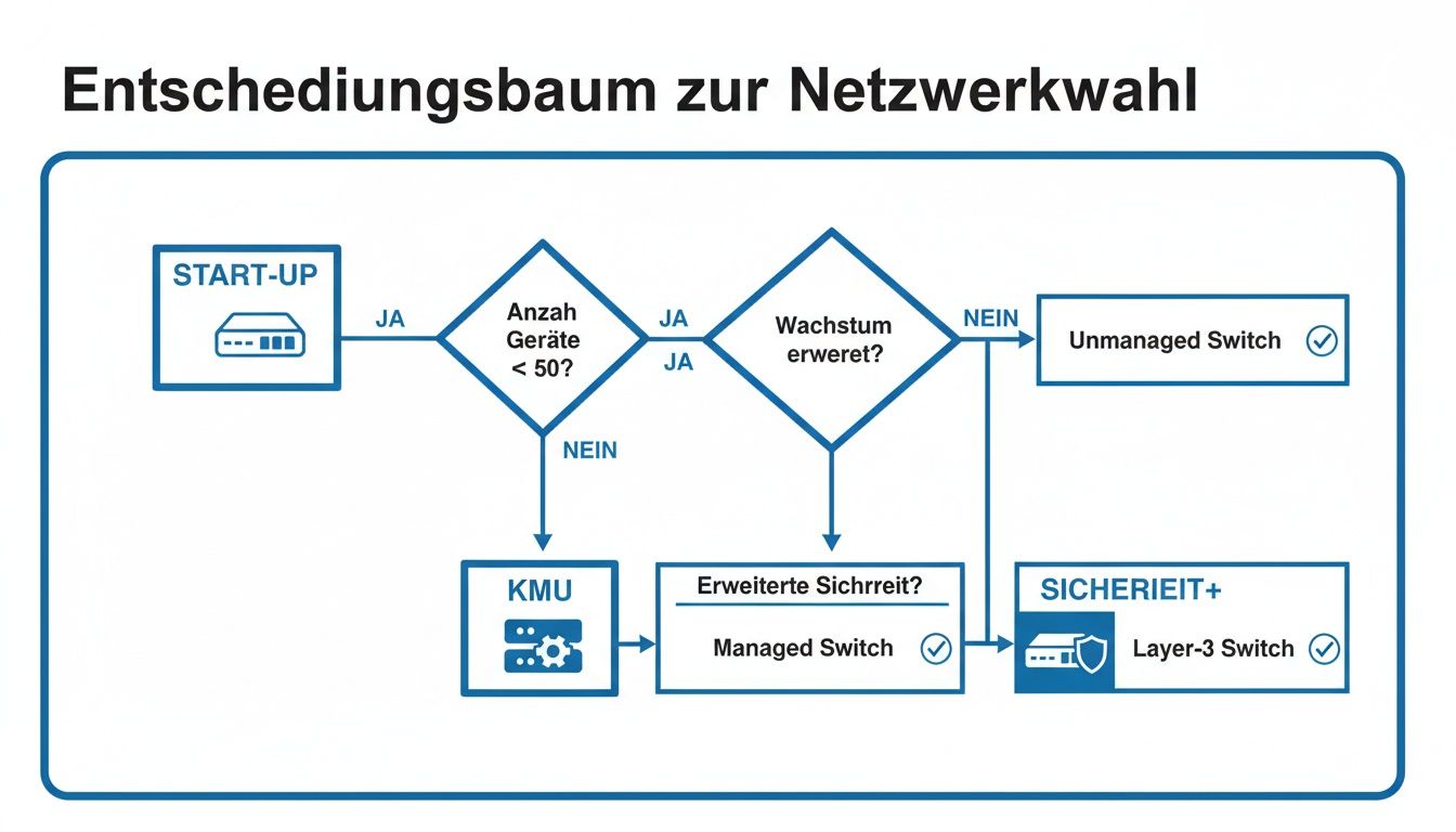 Entscheidungsbaum zur Auswahl des passenden Netzwerk-Switches basierend auf Gerätezahl, Wachstum und Sicherheitsanforderungen.