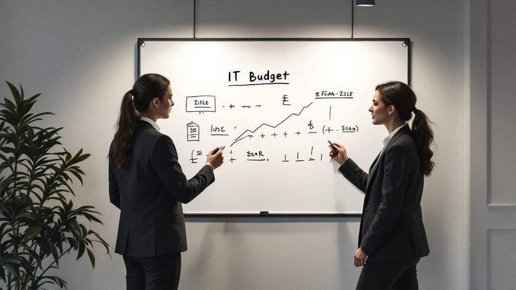 Ein Team von IT-Experten diskutiert vor einem Dashboard mit Markttrends und Datenanalysen.