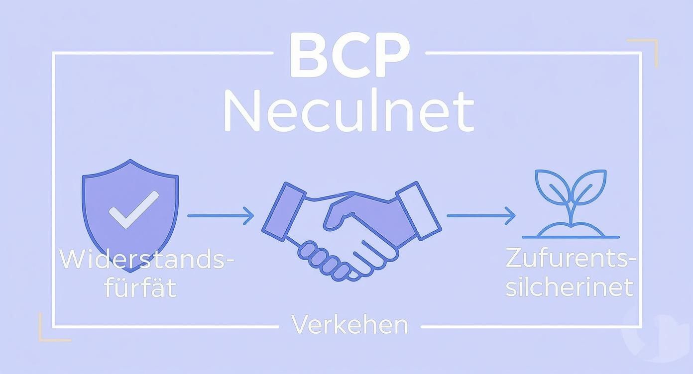 Infografik über die Vorteile eines Business Continuity Plans, die Widerstandsfähigkeit, Vertrauen und Zukunftssicherung zeigen