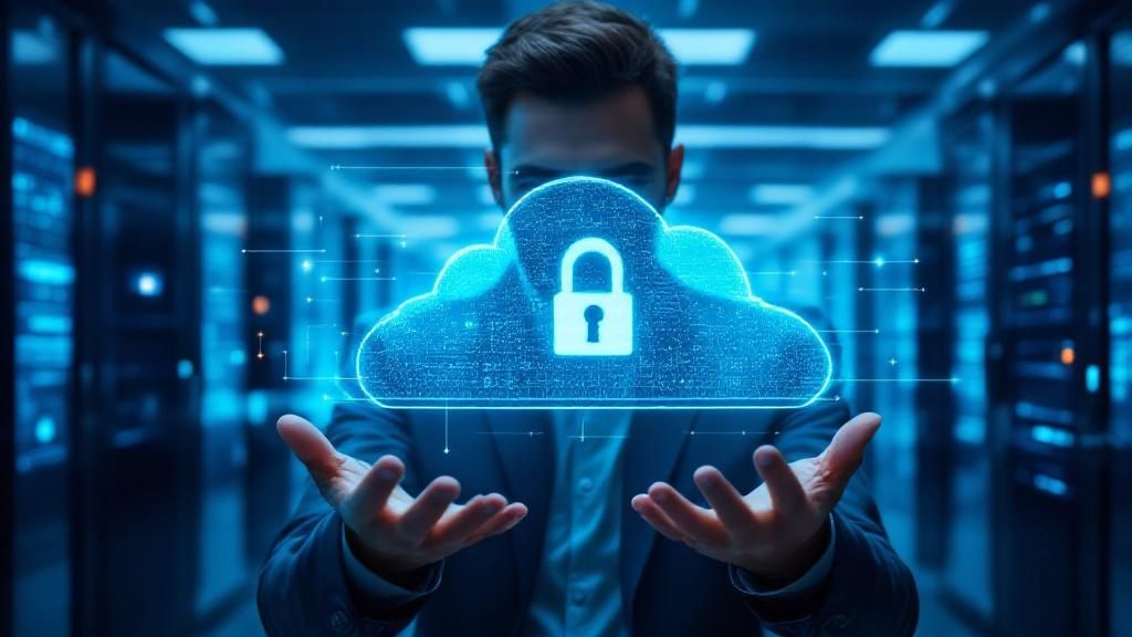 Ein stilisiertes Schloss-Symbol über einer Wolke und ein weiteres über einem Server-Rack, beide durch ein leuchtendes Schild verbunden, das Compliance symbolisiert.