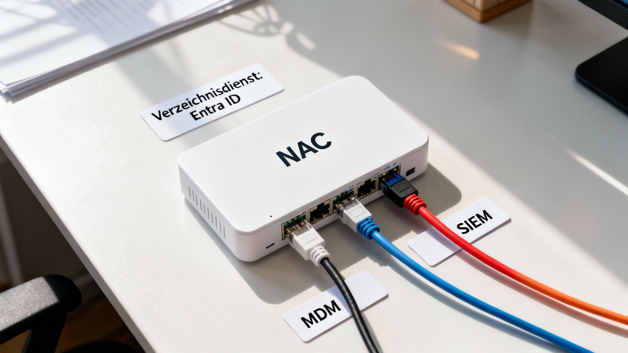 Netzwerk-Zugangskontrolle (NAC) Gerät mit mehreren verbundenen Kabeln für IT-Sicherheitsdienste wie Entra ID, MDM und SIEM.