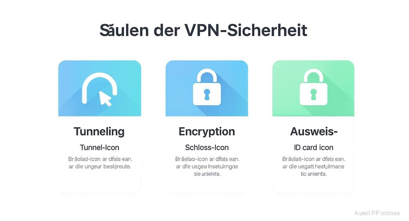 Drei Säulen der VPN-Sicherheit: Tunneling, Verschlüsselung und Authentifizierung mit Symbolen dargestellt